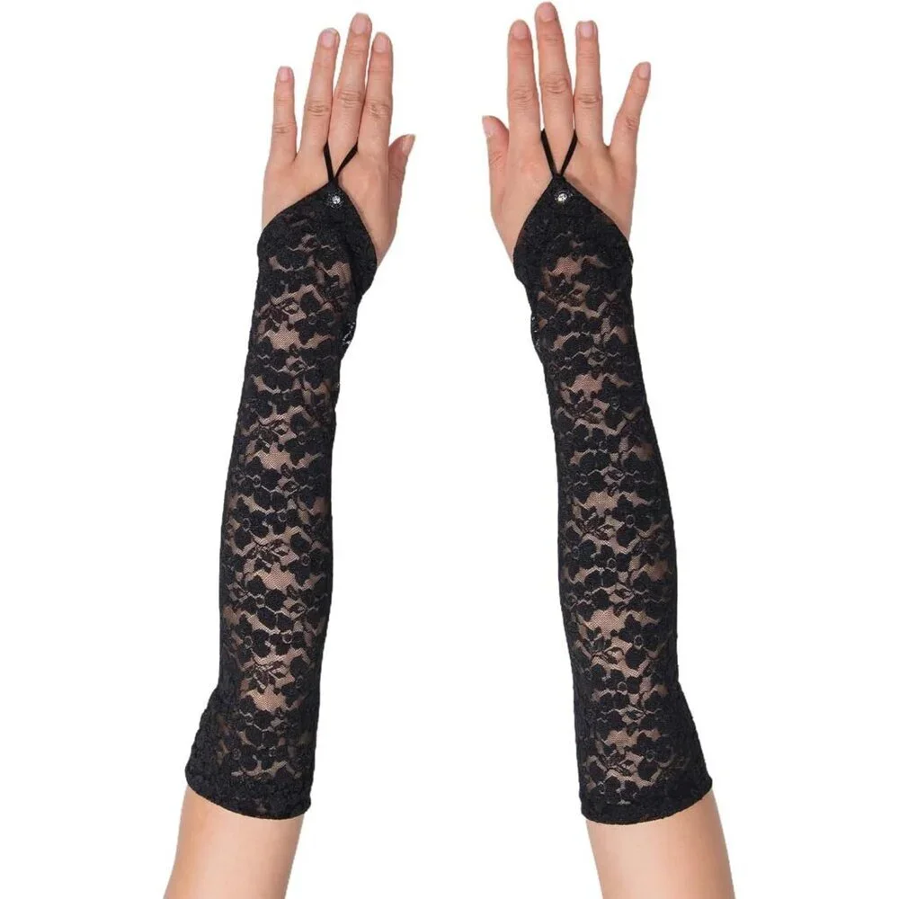 Women's Black 15.8 Inch Elbow Length Finger Less Halloween Cosplay Gloves